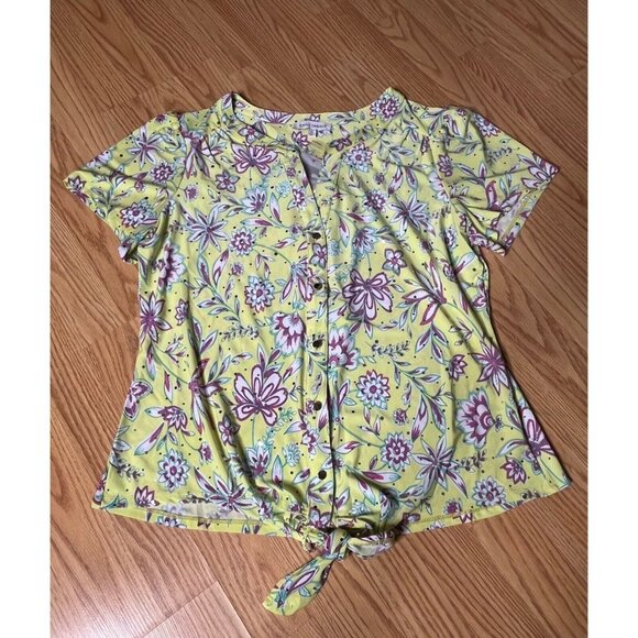 Emily Daniels Floral Button-Down Short Sleeve Tie-Front Top XL Rayon Yellow - Picture 1 of 5